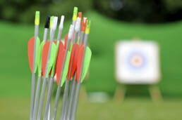 Archery Arrows close up, with a distant and blurred archery board in the background as part of our Archery team-building event