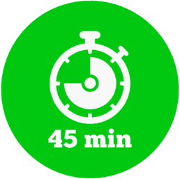 45 minute logo in green, with a white clock outline in the middle